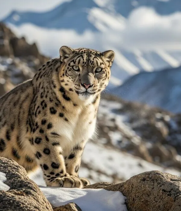 Close-up portrait of snow leopard with distinctive spotted coat in Himalayan mountains, Ladakh, India